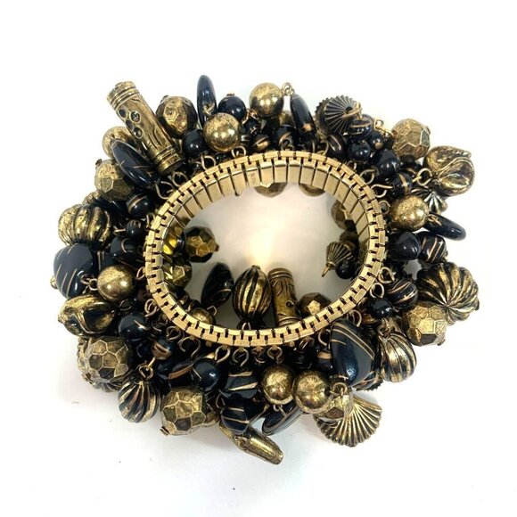 Shell Charm Bracelet Stainless Steel Accordion Band Antique Gold Tone One Size - Picture 6 of 6